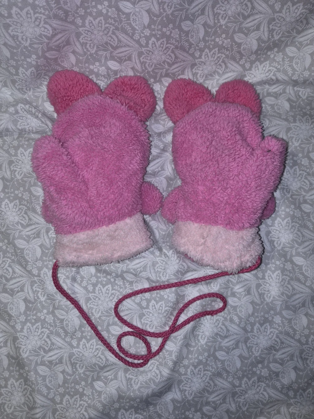 Childrens Pink Plush Bunny Mittens with Strap